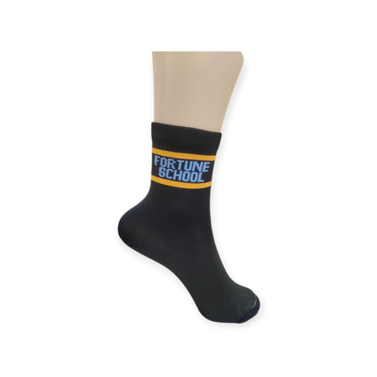 Black school sock with a gold stripe band and Fortune School knitted in light blue lettering