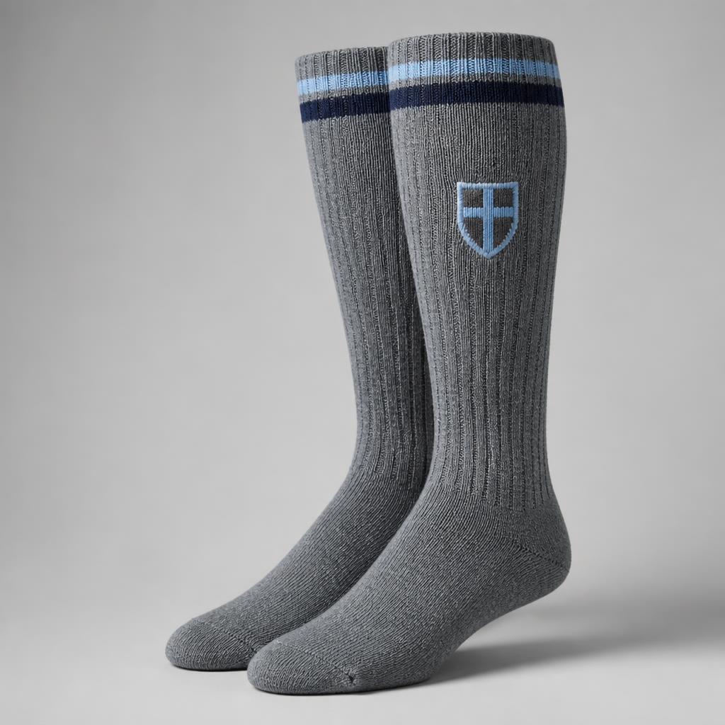 Grey knee-high school socks with a striped welt and knitted school crest